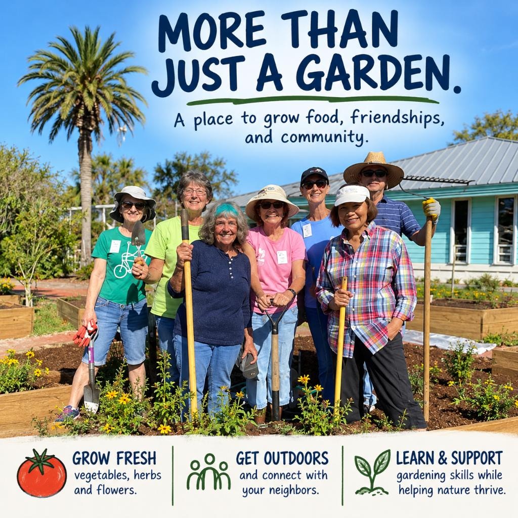 Community garden volunteers with tools at Holmes Beach Community Garden
