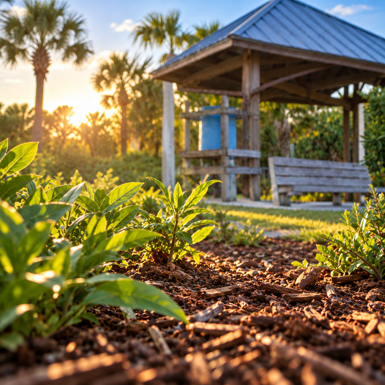 Bark mulch around garden plants for moisture retention