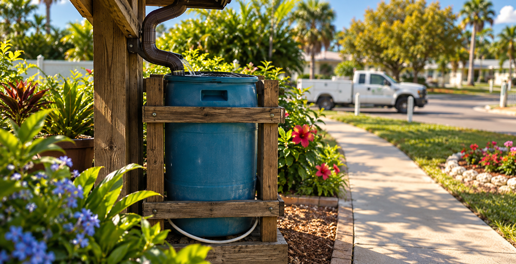 Rain barrel collecting water in a lush Florida garden