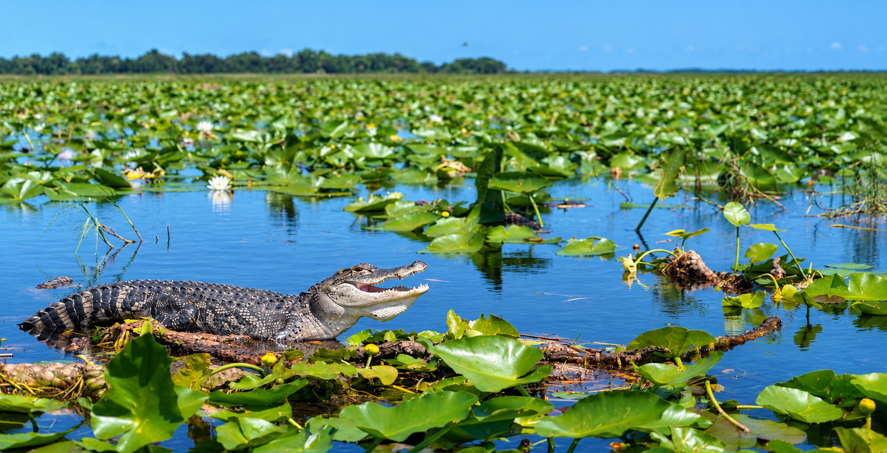 Alligator resting among lily pads in a Florida wetland