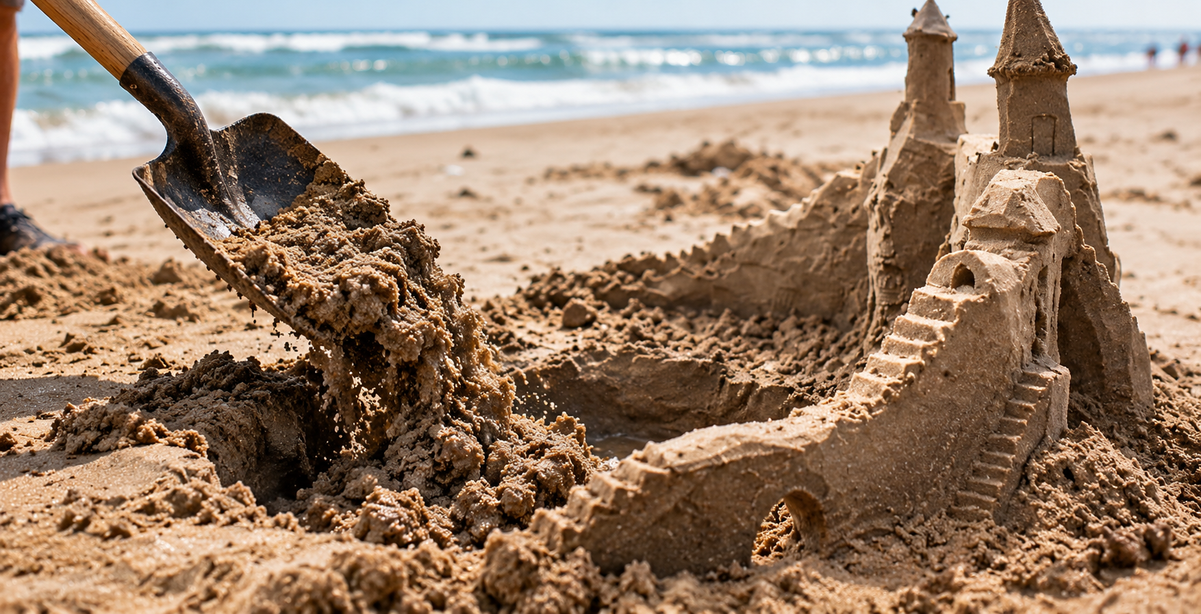 Sandcastle being built on a sunny Florida beach