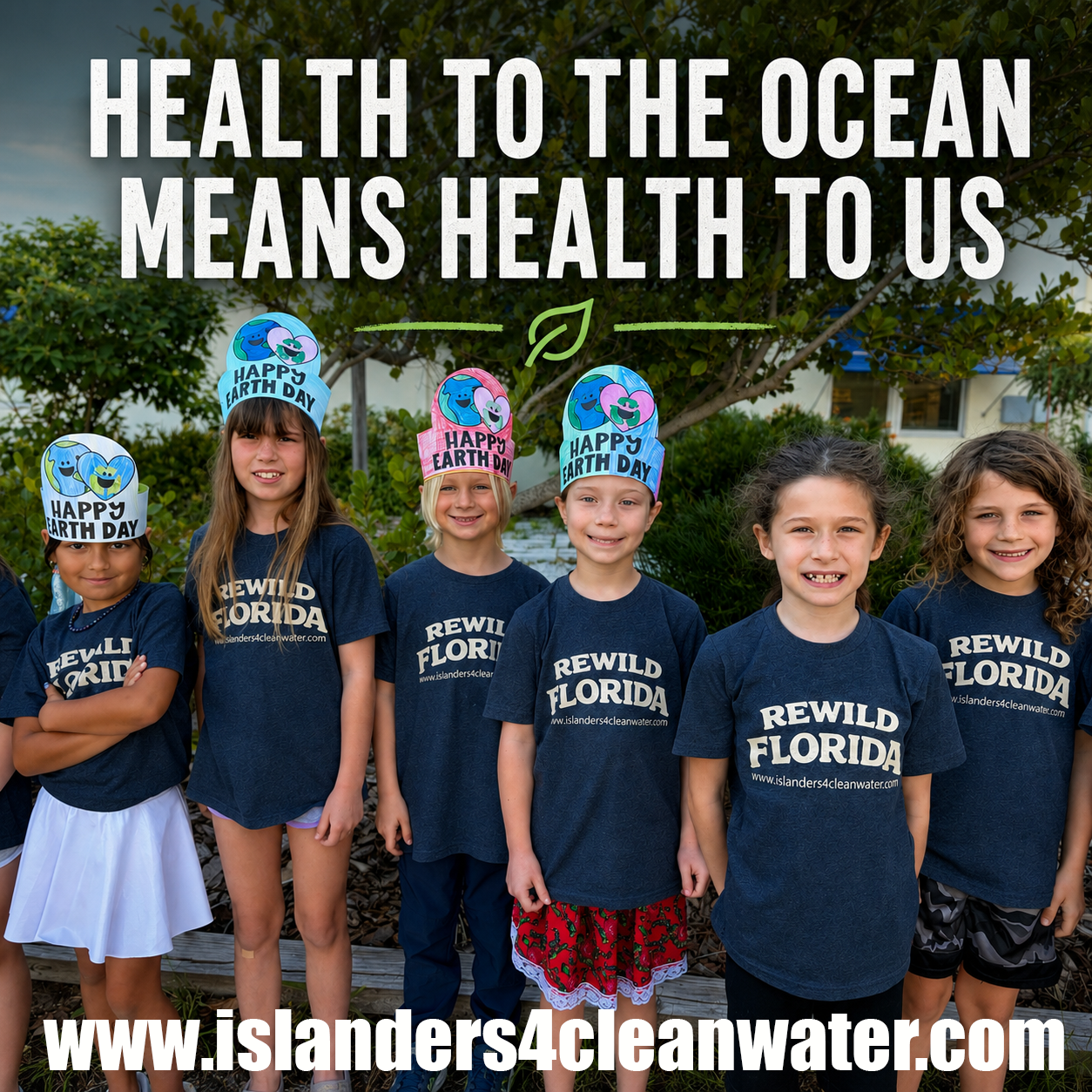 Health to the ocean means health to us — kids in Rewild Florida shirts on Earth Day