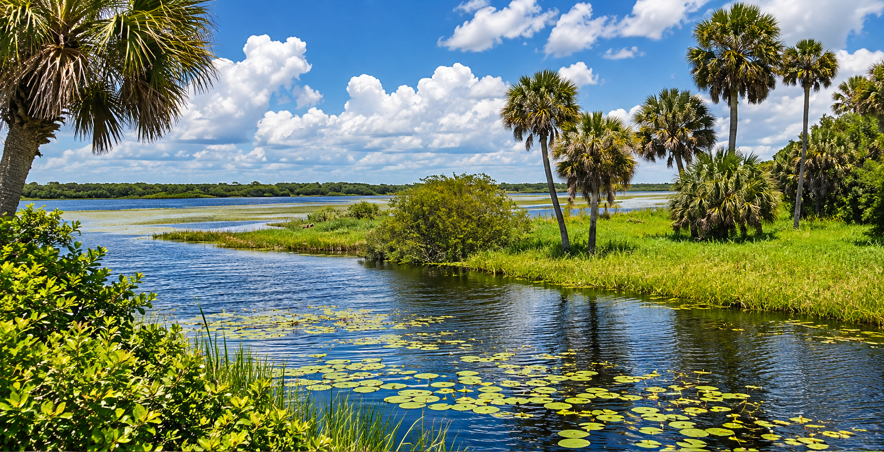 Florida wetland with palm trees, lily pads, and blue sky
