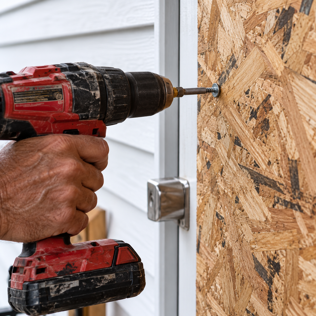 Person drilling plywood panels to board up windows before a hurricane