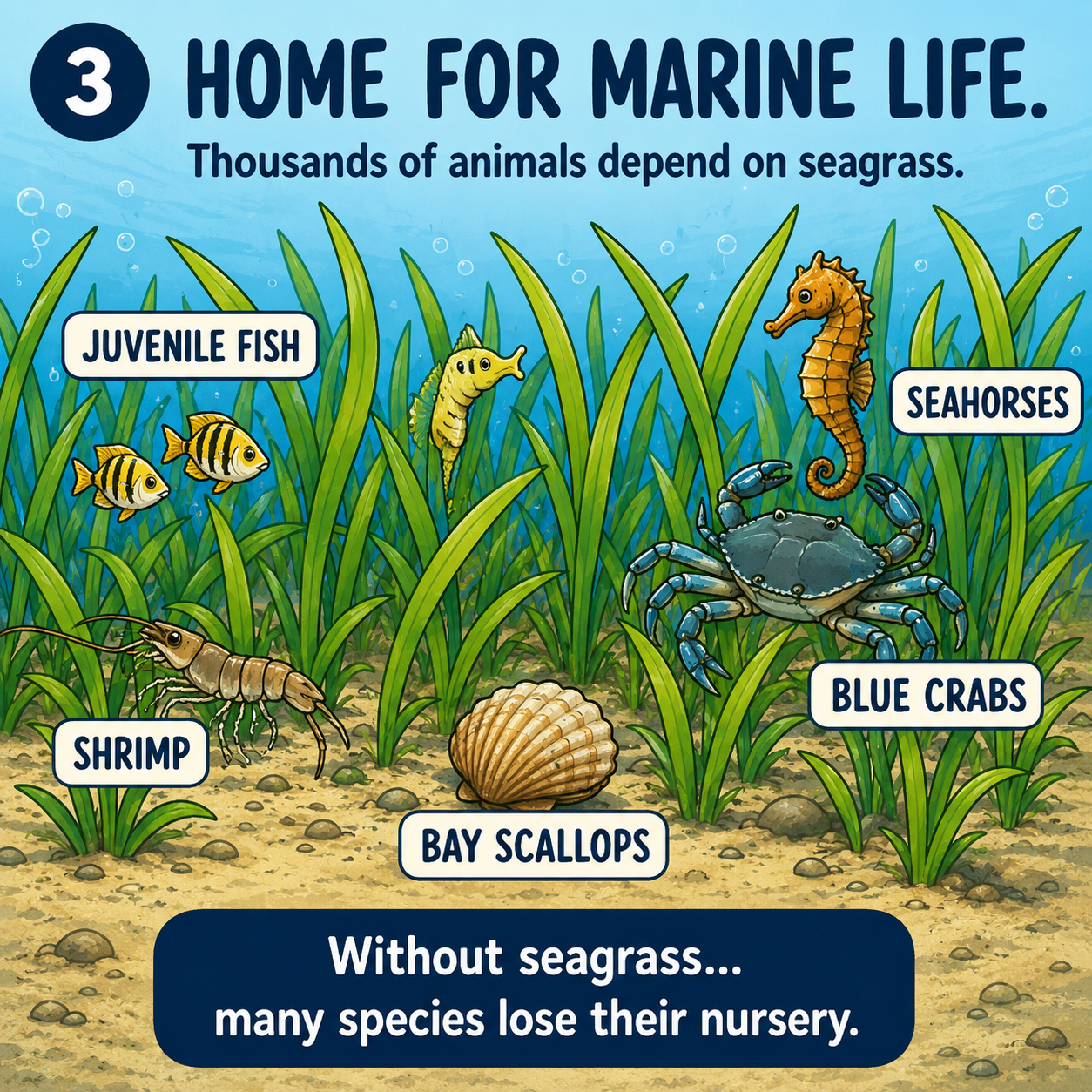 Home for marine life — thousands of animals depend on seagrass