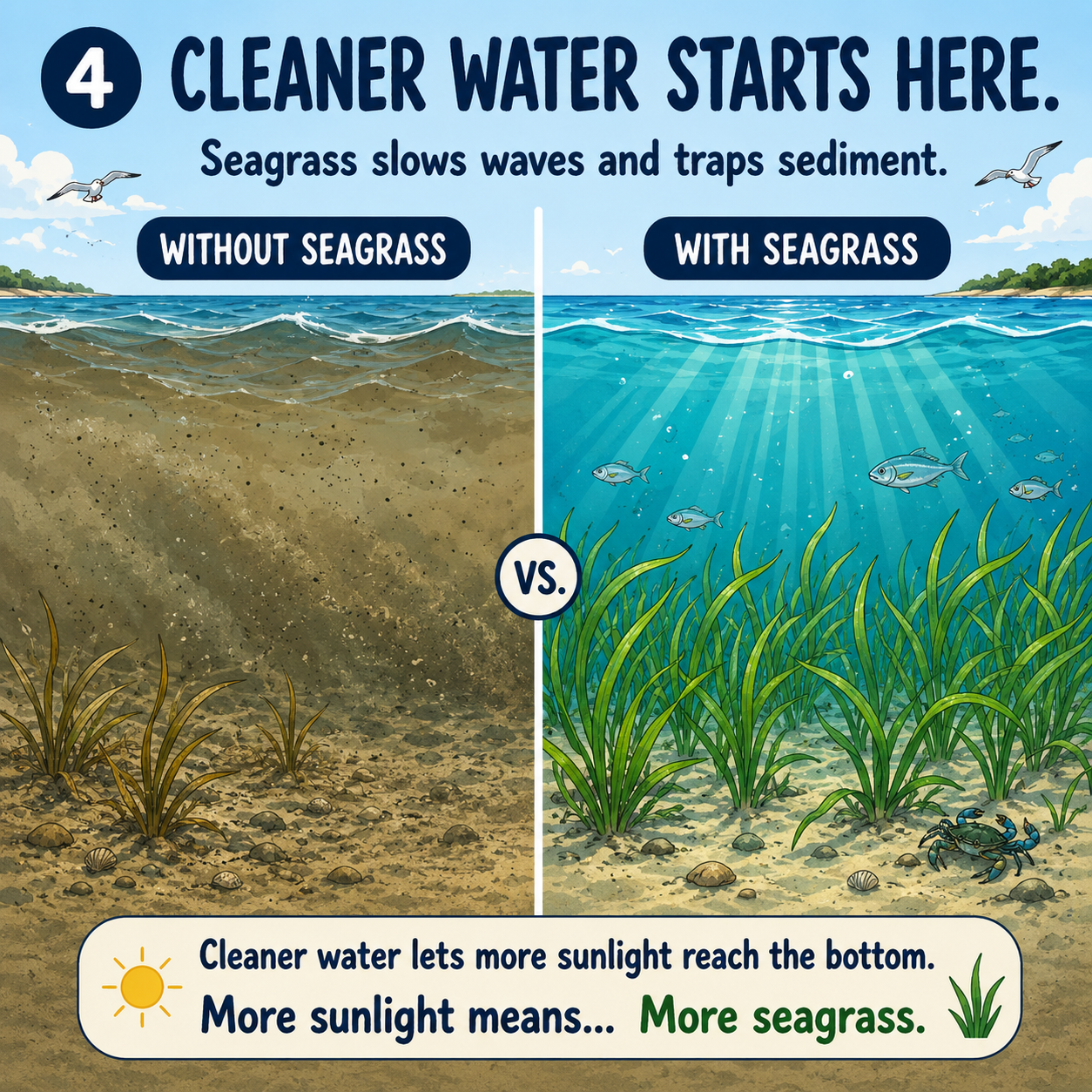 Cleaner water starts here — seagrass slows waves and traps sediment