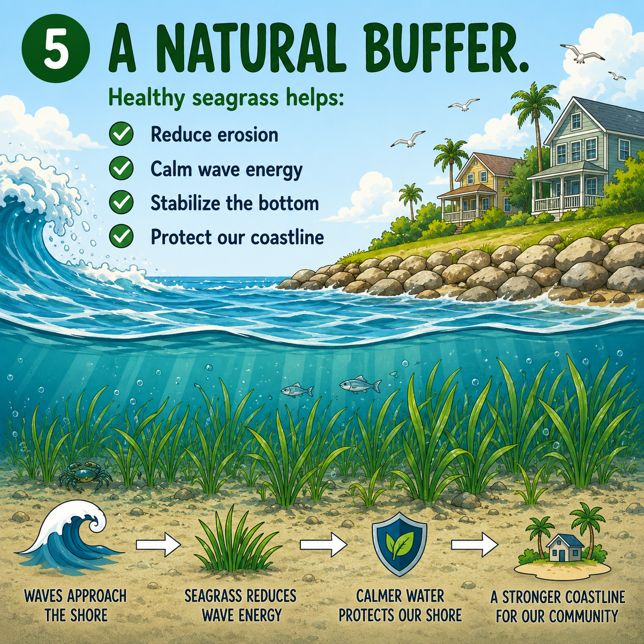 A natural buffer — healthy seagrass reduces erosion and protects our coastline
