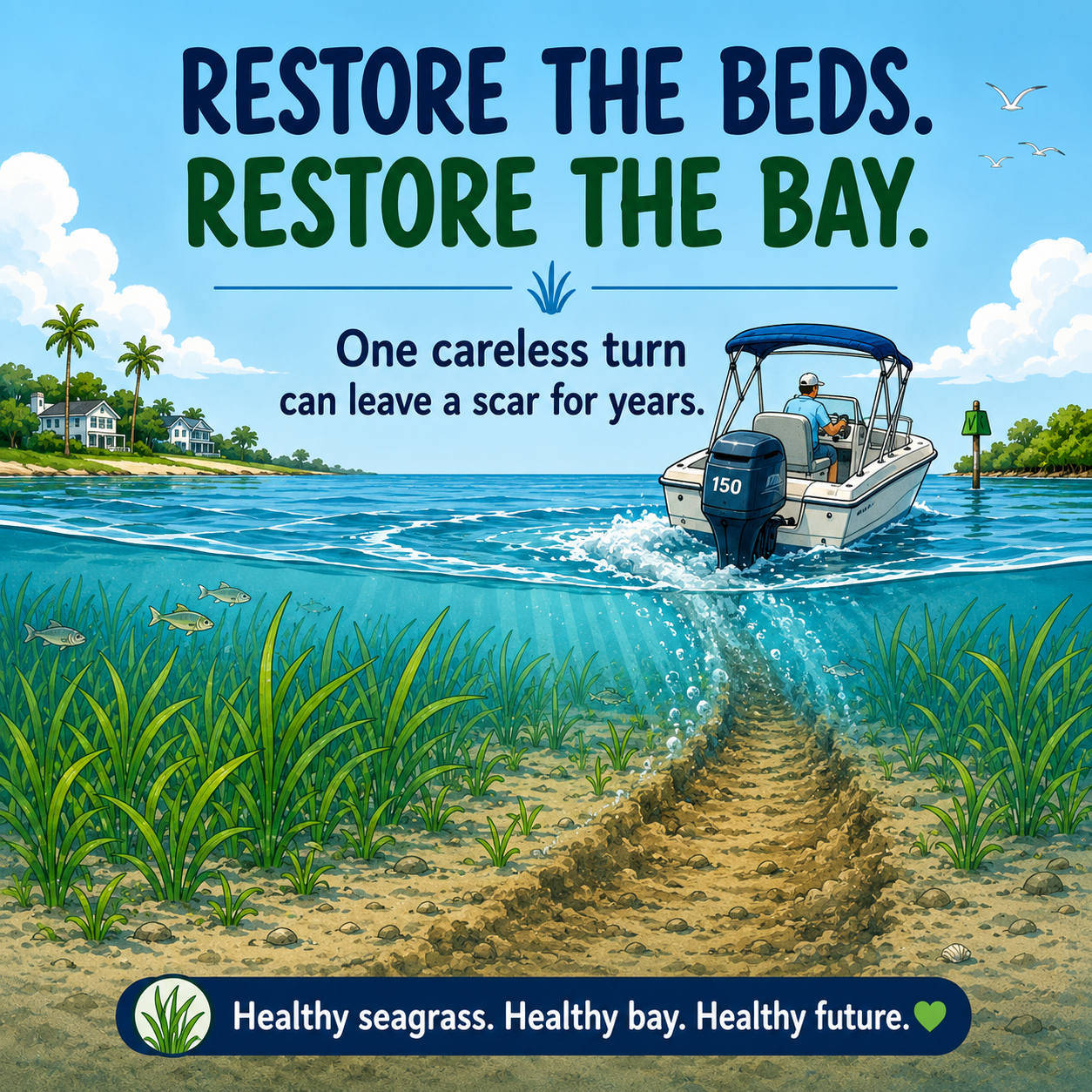 Scars Hurt — prop scars damage seagrass and take years to recover