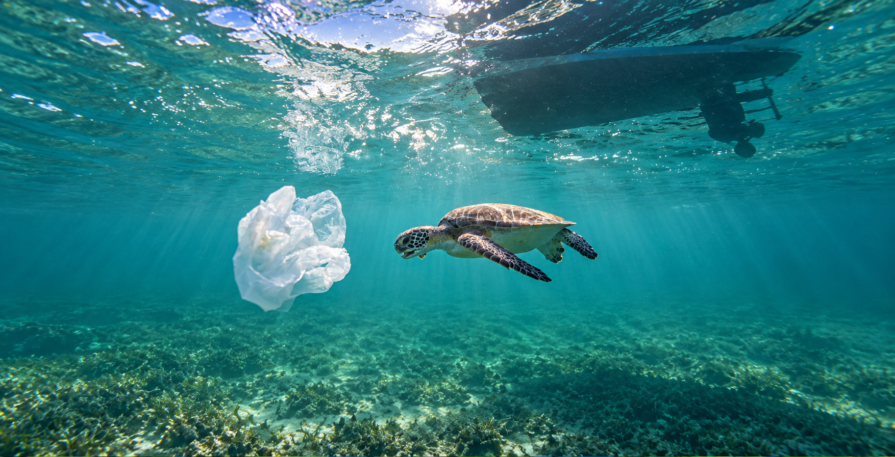 Sea turtle swimming past plastic pollution in turquoise ocean water
