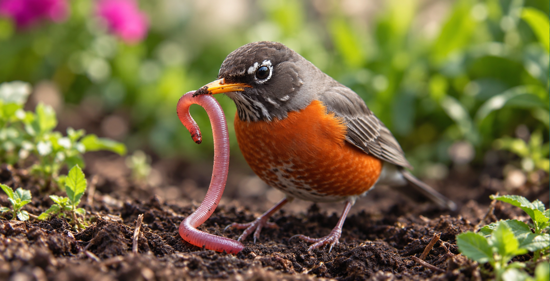 Robin pulling a worm from healthy garden soil