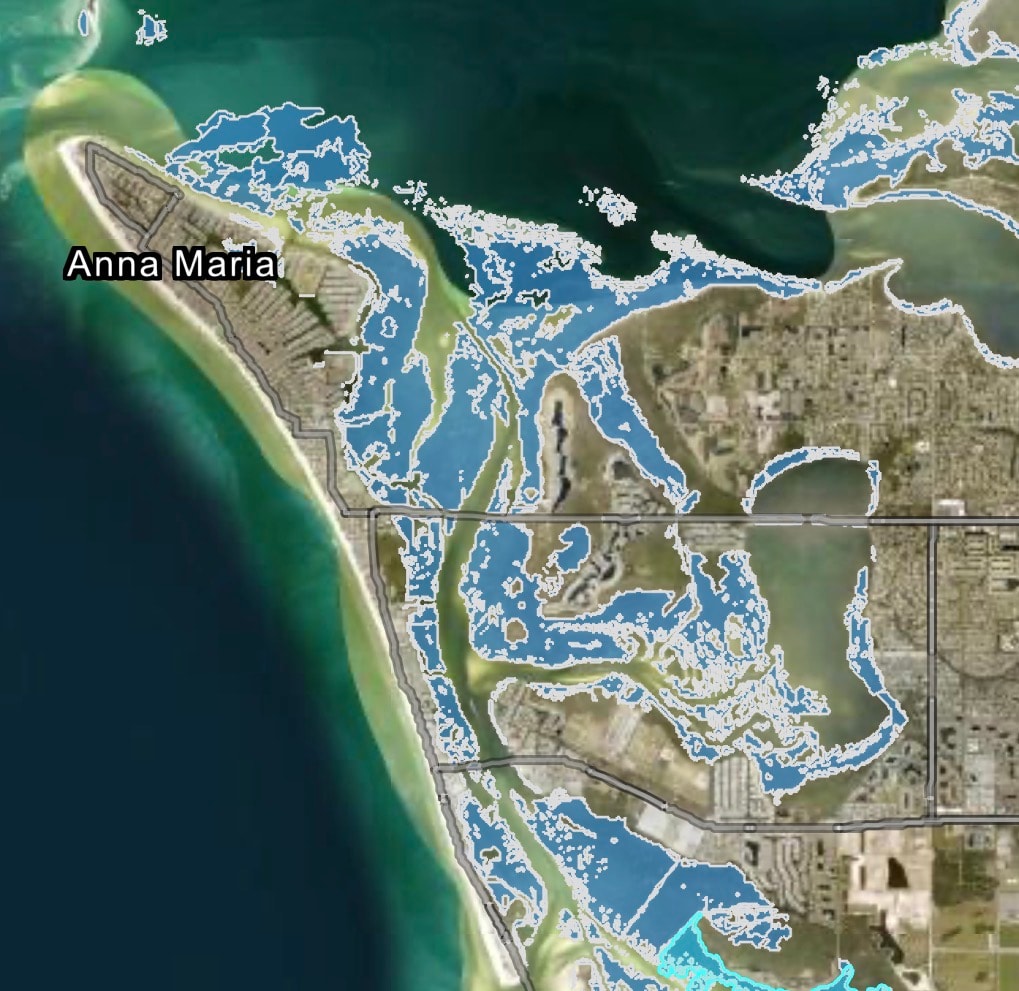 Satellite map showing seagrass habitat beds (blue) around Anna Maria Island, Florida